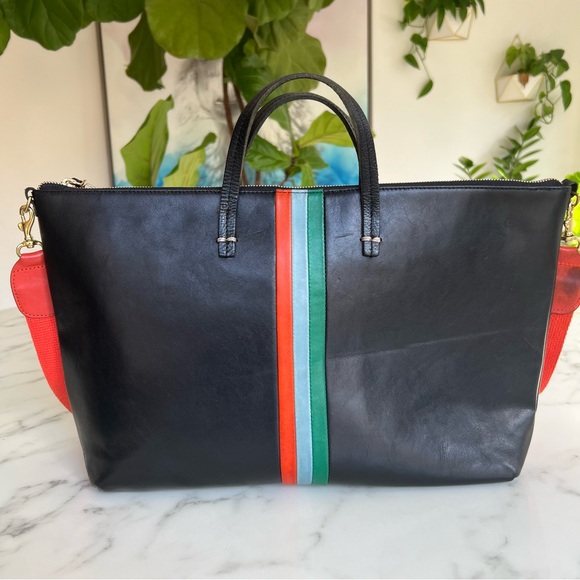 Clare V Handbags - Clare V Attache Tote Black Leather with Stripes Double Handle Bag with Strap